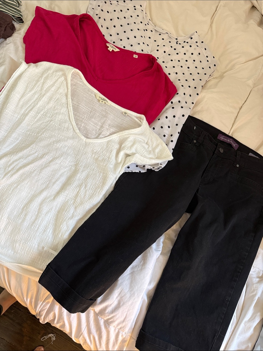 Max Studio Pink, White, Polka Dot Blouse Duo with black capris